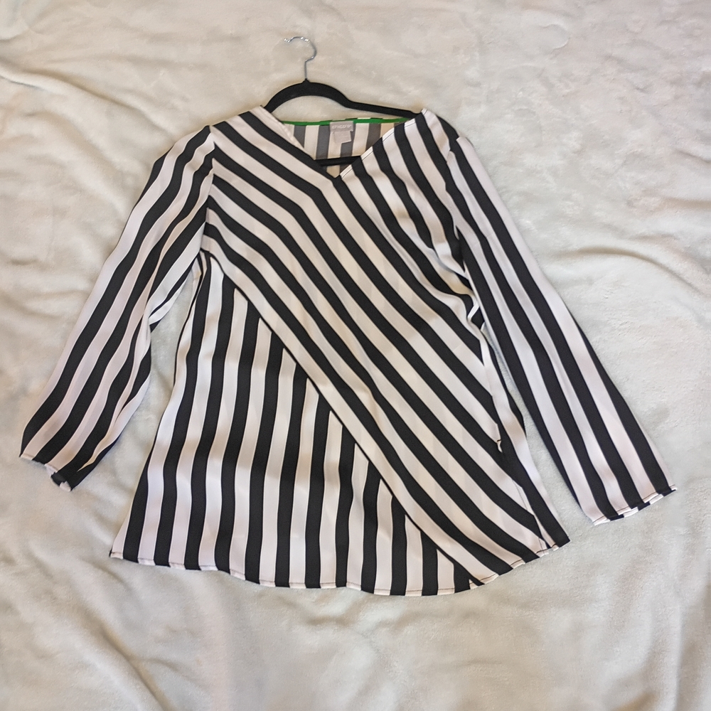 Chico's Black and White Diagonal Striped Blouse